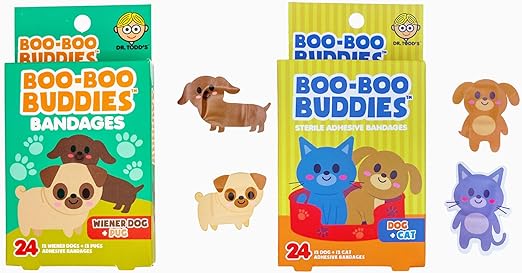 Boo Boo Buddies 2-Pk Bundle: Weiner Dog & Pug + Dog & Cat Bandages – 48 Ct | Fun Animal Shape Bandages for Kids, Waterproof & Latex-Free First Aid for Sensitive Skin, 24 Count Each Box