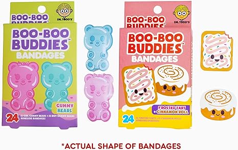 Boo Boo Buddies™ Gummy Bear, Frosted Tart & Cinnamon Roll Bandages – 48 Ct | Fun, Food-Themed Waterproof Bandages for Kids | Latex-Free, Hypoallergenic, Perfect for Sensitive Skin & First Aid Kit