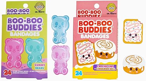 Boo Boo Buddies™ Gummy Bear, Frosted Tart & Cinnamon Roll Bandages – 48 Ct | Fun, Food-Themed Waterproof Bandages for Kids | Latex-Free, Hypoallergenic, Perfect for Sensitive Skin & First Aid Kit