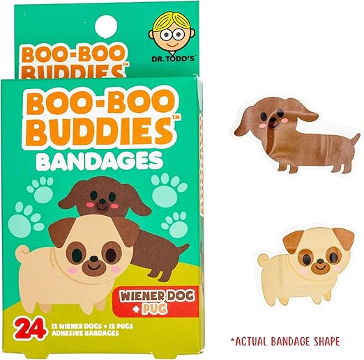 Boo Boo Buddies 2-Pk Bundle: Weiner Dog & Pug + Dog & Cat Bandages – 48 Ct | Fun Animal Shape Bandages for Kids, Waterproof & Latex-Free First Aid for Sensitive Skin, 24 Count Each Box