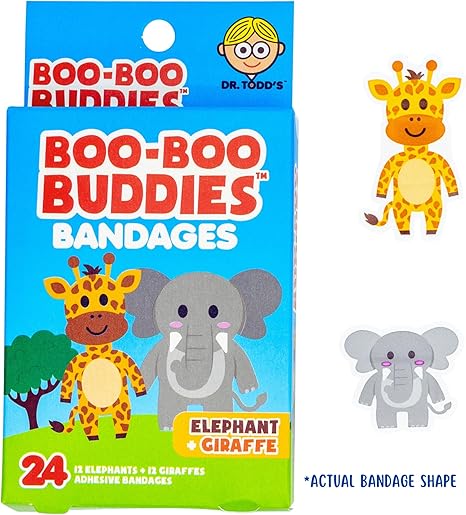 Boo Boo Buddies™ Animal Safari Bandages – 48 Ct | Elephant + Giraffe Shapes & Lion + Tiger Shapes | Latex-Free, Waterproof Bandages for Kids | Fun Shapes for First Aid Kits & Sensitive Skin