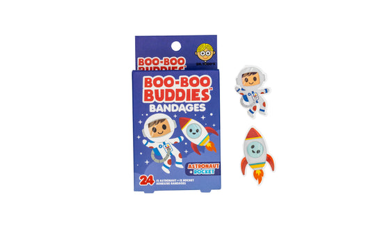 Boo Boo Buddies Astronaut & Rocket Bandages, 24-pack, fun-shaped, latex-free, waterproof bandages for kids' first aid kits.