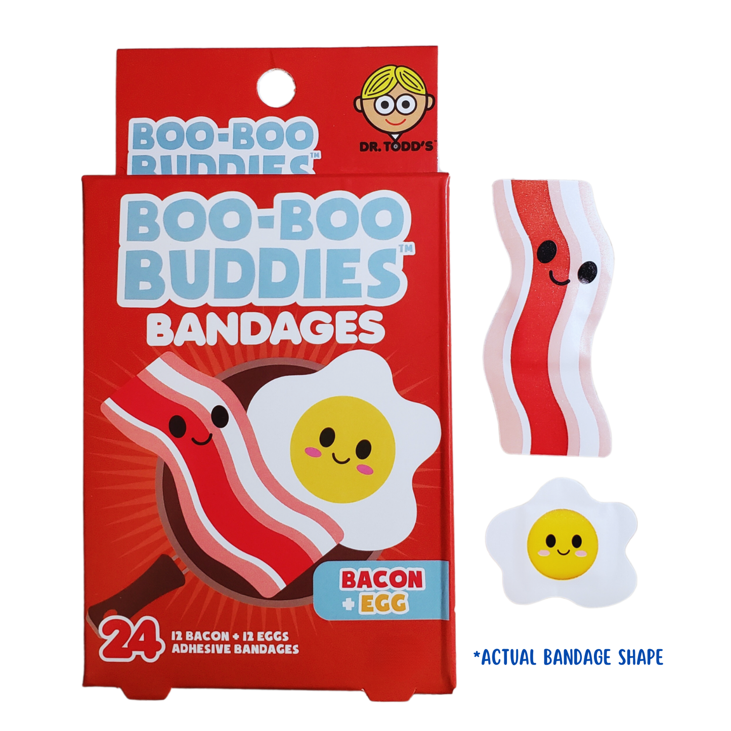 Boo-Boo Buddies Bacon & Egg Bandages box with cute bacon and egg designs, 24 adhesive bandages included.