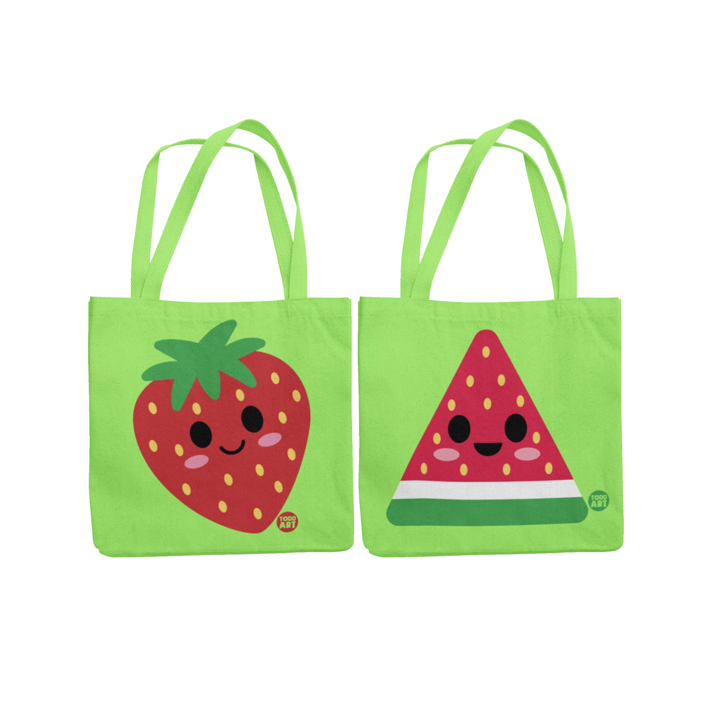 Strawberry & Watermelon Cotton Tote Bag – Double-Sided Green Reversible Design | 15" x 16" Eco-Friendly Reusable Bag for Shopping, Beach, and Everyday Use