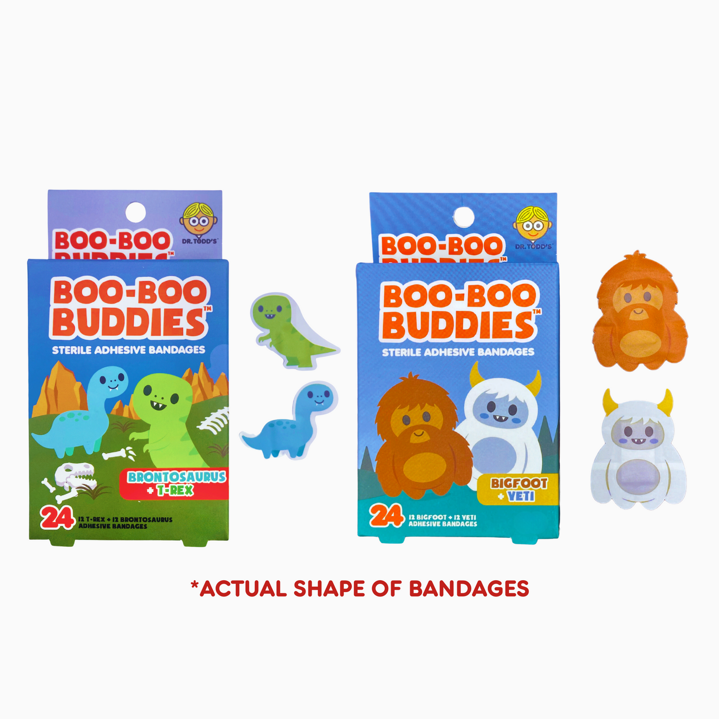 Bigfoot & Yeti + Brontosaurus & T-Rex Bandages – 24 Packs | Fun Shapes for Kids' First Aid