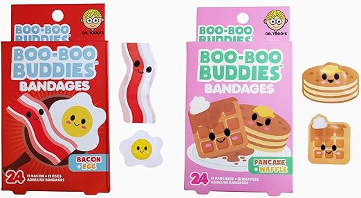 Boo Boo Buddies Bacon & Egg + Pancake & Waffle Bandages 48 Ct | Fun Breakfast-Shaped Kids' Wound Care, Waterproof | Party Favors & Stocking Stuffers