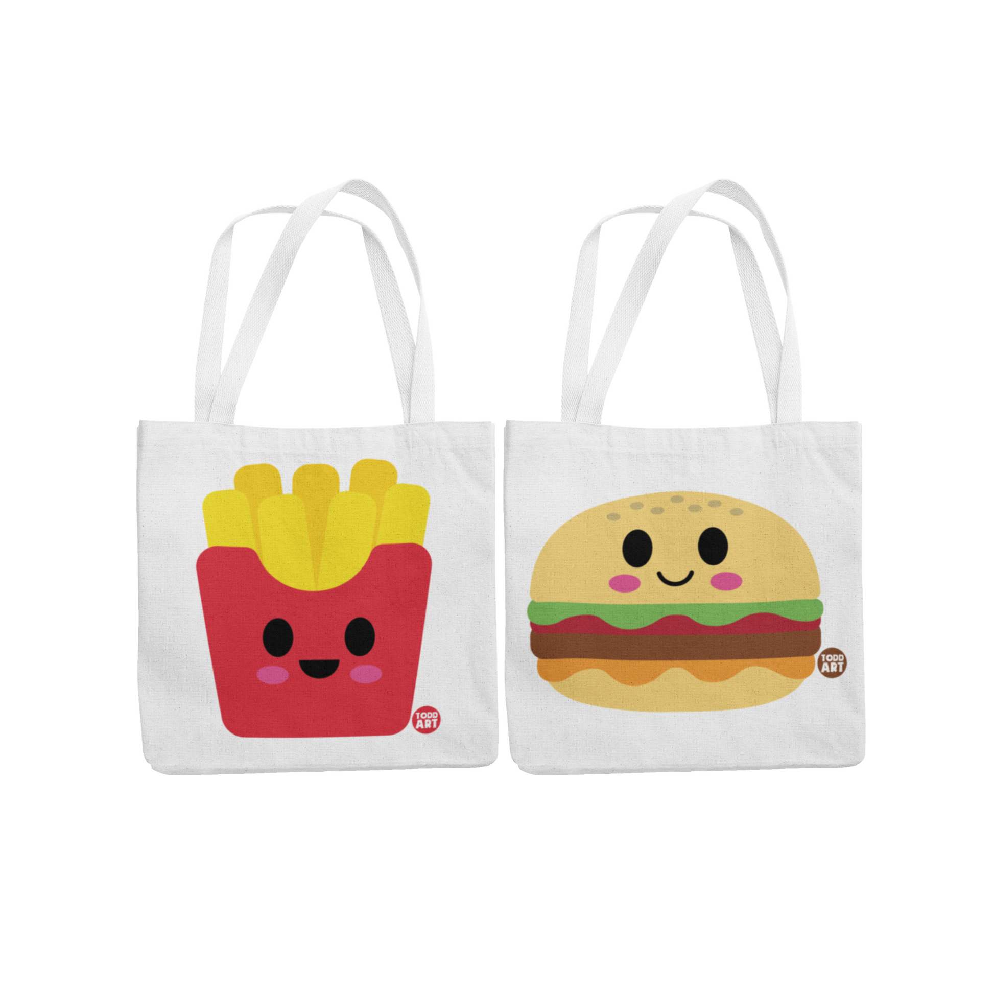 Colorful cotton tote bag with a realistic burger design printed on one side.  Cotton tote bag featuring a vibrant fries design printed on the other side.