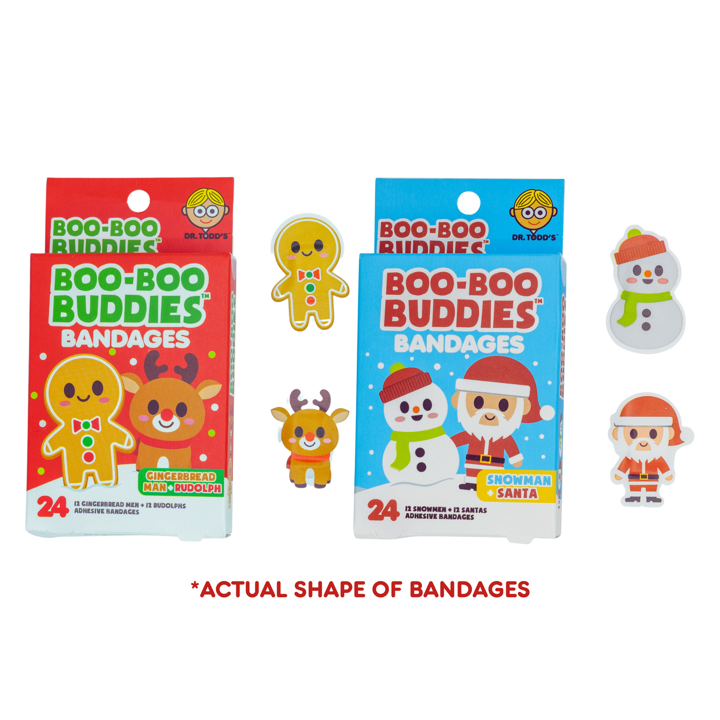 Holiday Bandages Bundle – Gingerbread Man, Reindeer, Santa & Snowman Shapes | 2-Pack (48 Ct) Boo Boo Buddies™