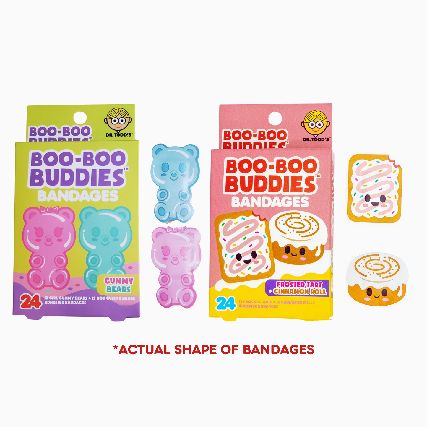 Gummy Bears and Frosted Tart + Cinnamon Roll Bandages – 24 Pack each  | Fun Shapes, Waterproof & Latex-Free