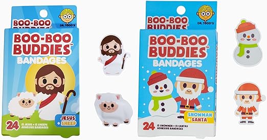 Boo Boo Buddies Jesus & Sheep and Santa & Snowman Bandages – 48 Ct | Festive Holiday Shapes for Kids, Latex-Free, Waterproof, Gentle on Sensitive Skin, Perfect for Stocking Stuffers & First Aid Kits