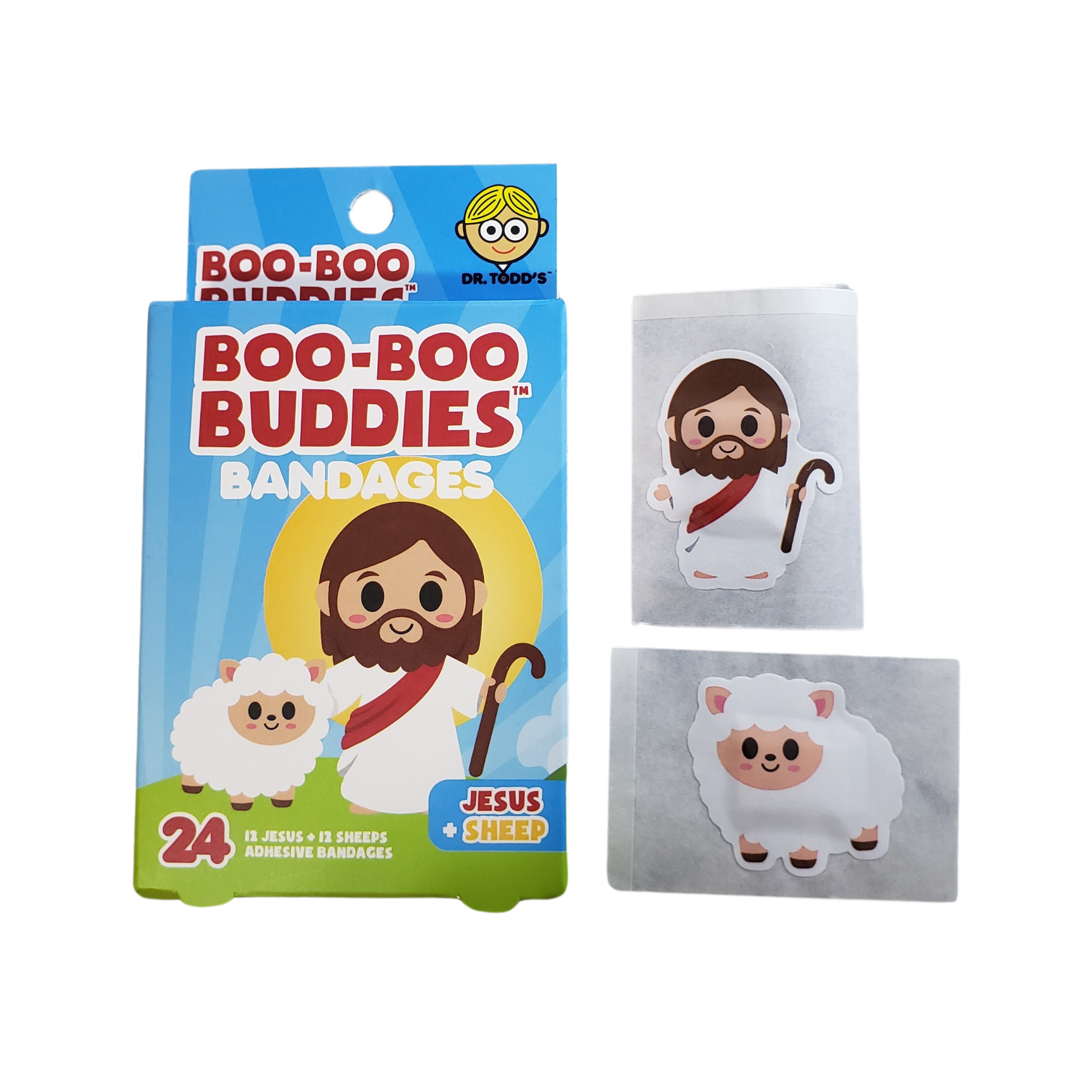 Boo Boo Buddies bandage box featuring a Jesus and lamb design, with matching Jesus and lamb-shaped bandages beside it