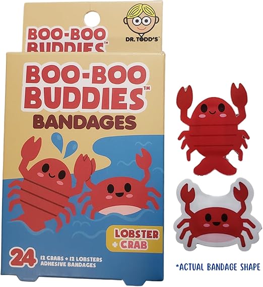 Boo Boo Buddies Lobster & Crab, Puffer Fish & Seahorse Shape Bandages - 48 Ct Waterproof, Kids Bandages for Sensitive Skin | Fun Ocean Animal Bandages for First Aid Kits | Latex-Free Adhesive Bandage