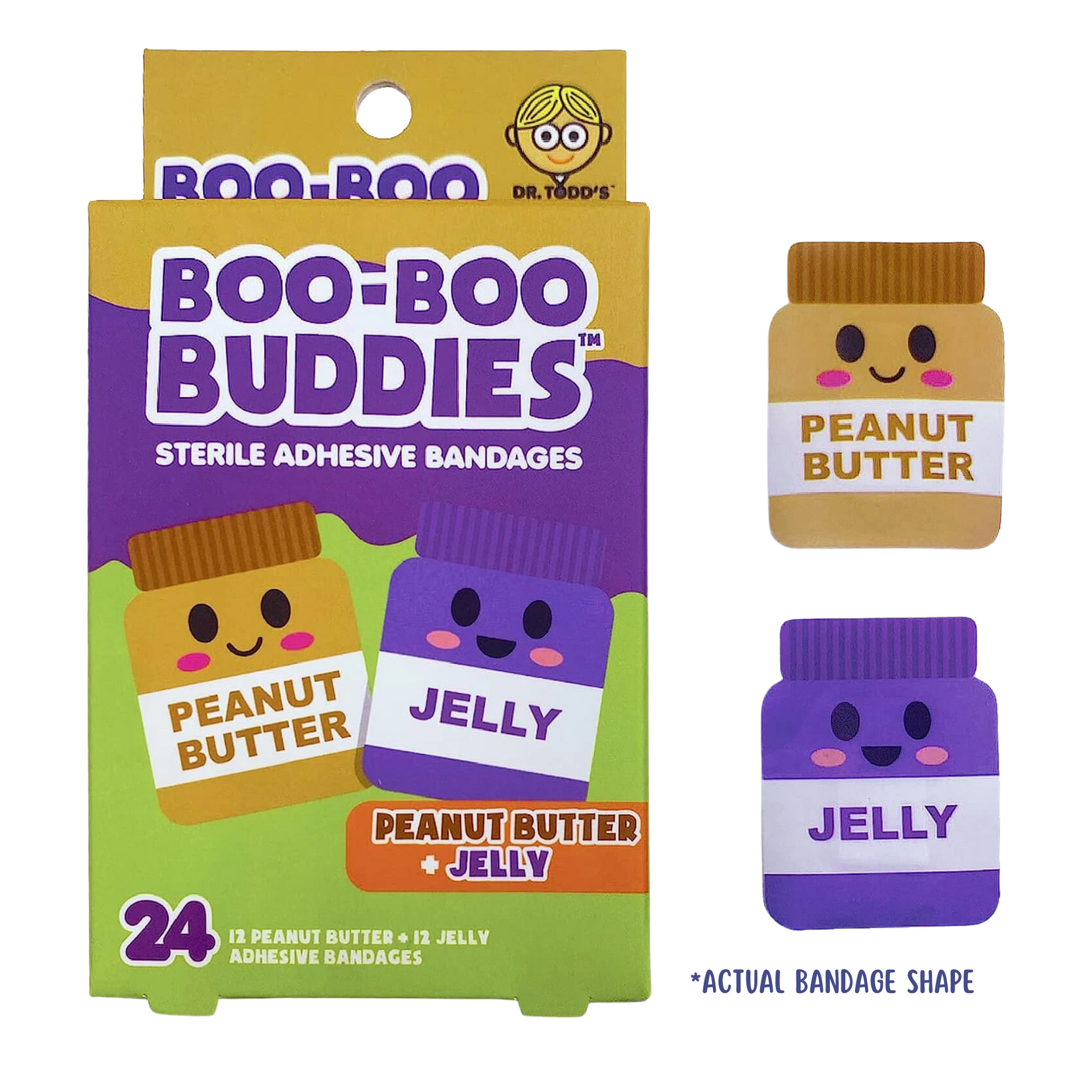 Peanut Butter and Jelly bandages in fun jar shapes with colorful Boo-Boo Buddies packaging.