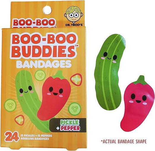 Boo Boo Buddie Sushi & Wasabi, Pickle & Pepper Bandages – 24 Ct Each | Fun Shapes for Kids & Adults | Latex-Free, Waterproof, Gentle on Skin | First Aid Kit Essential