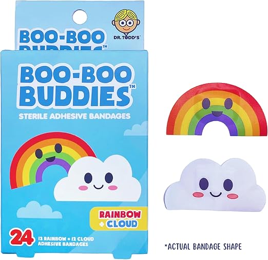 Boo Boo Buddie Rainbow & Cloud + Sun & Moon Shape Bandages – 48 Ct | Fun Adhesive Bandages for Kids | Waterproof, Latex-Free, First Aid Supplies for Sensitive Skin, Colorful Bandages for Children