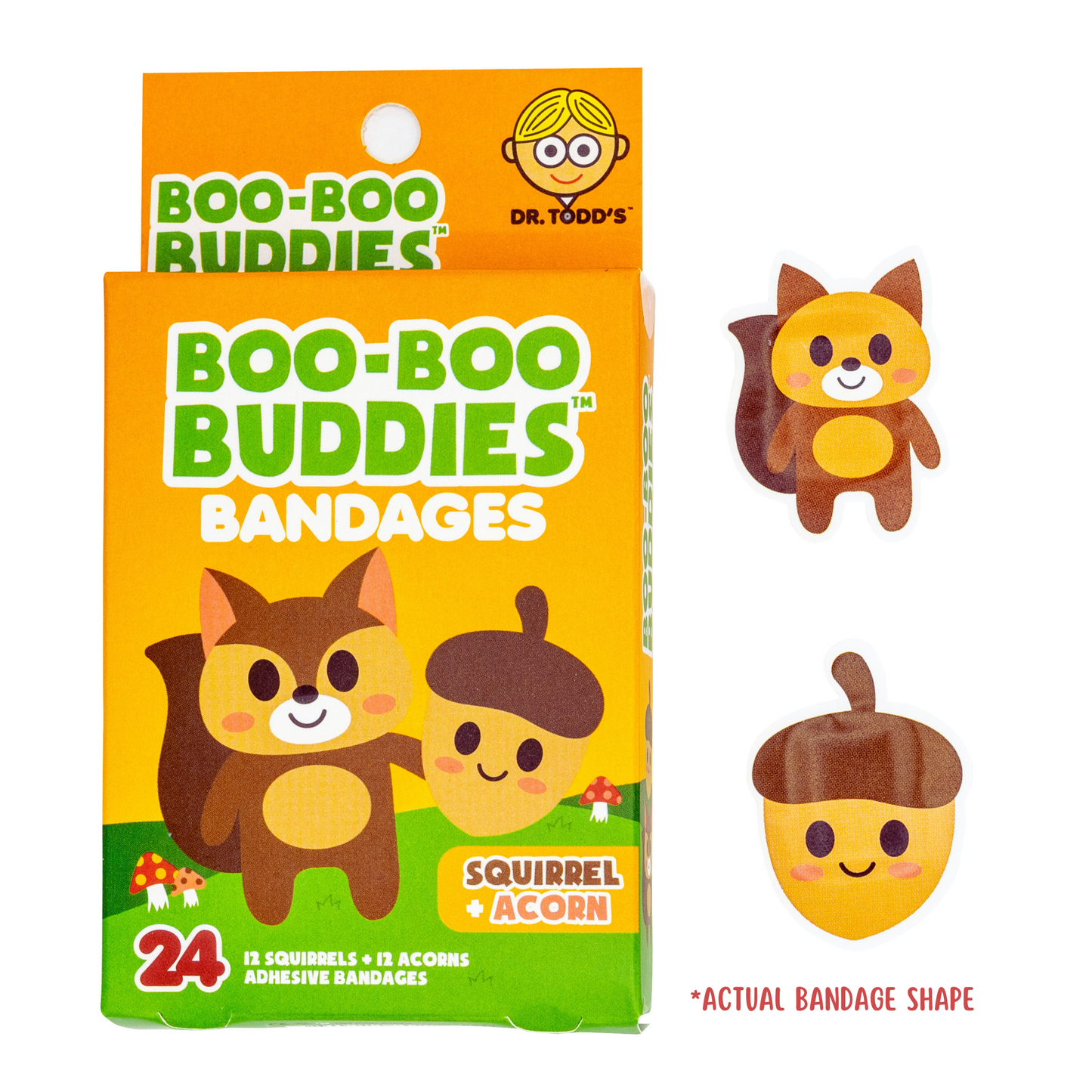 Bright orange Boo-Boo Buddies bandage box featuring squirrel and acorn designs, includes 24 latex-free bandages (12 squirrels and 12 acorns) with actual shapes shown.