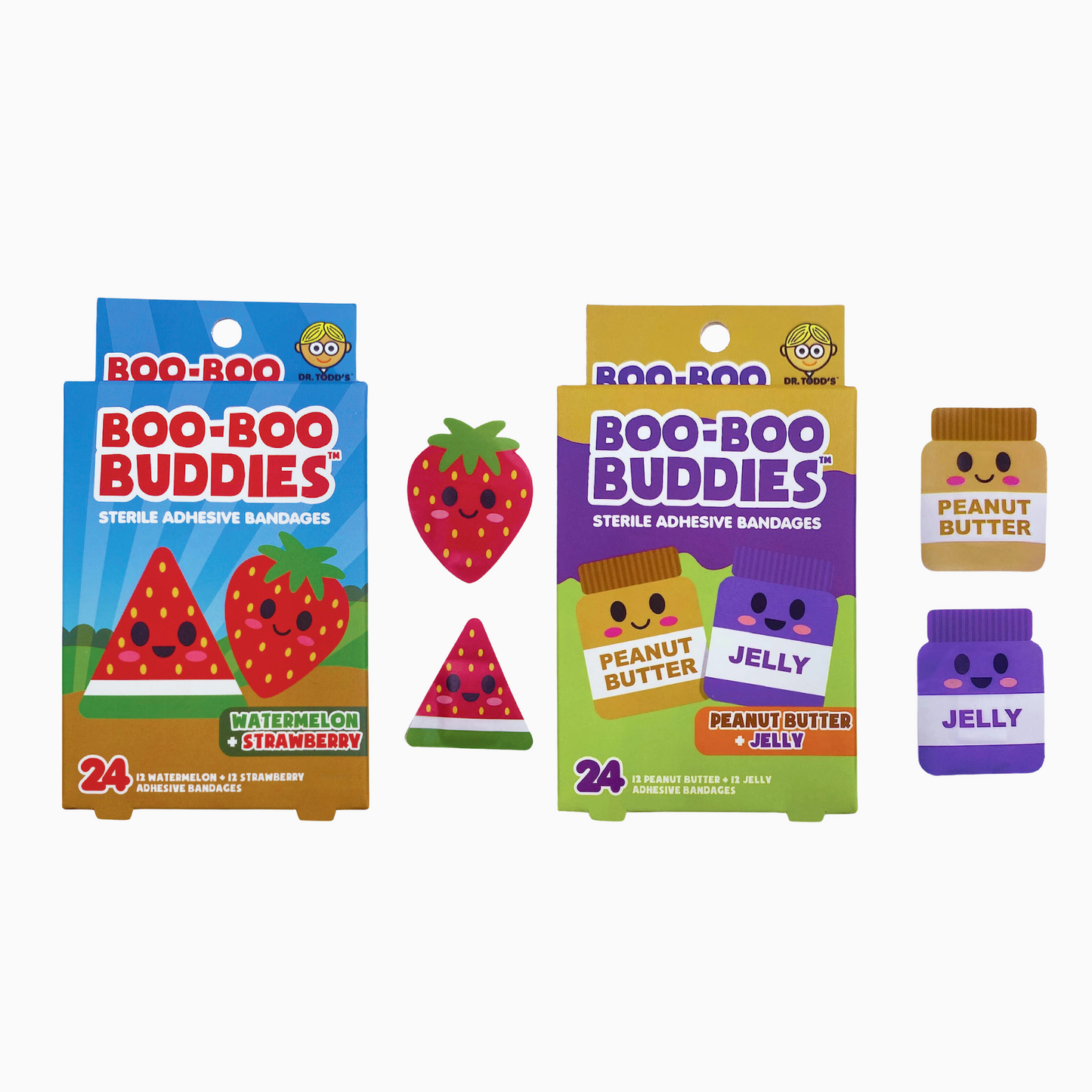 Boo Boo Buddies™ Fun Shape Bandages – Watermelon + Strawberry & Peanut Butter + Jelly | 24 Ct Each | Waterproof, Latex-Free, Kid-Friendly First Aid