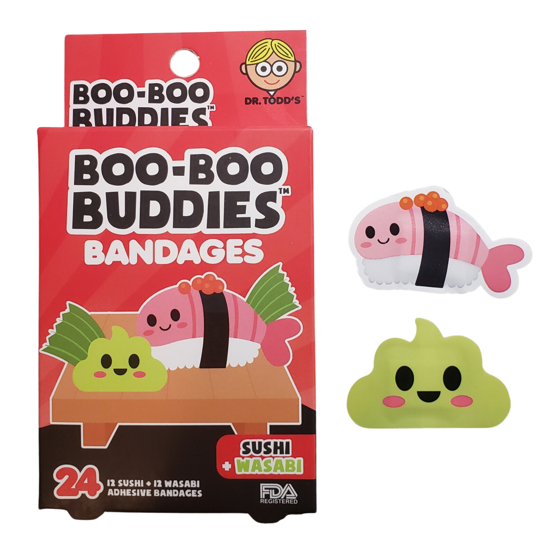 Boo Boo Buddies Sushi & Wasabi Bandages – Fun, Latex-Free, Waterproof Bandages for Kids' First Aid Kits, 24 Count, Cute Sushi and Wasabi-Shaped Bandages, Perfect for Sensitive Skin and Minor Cuts.