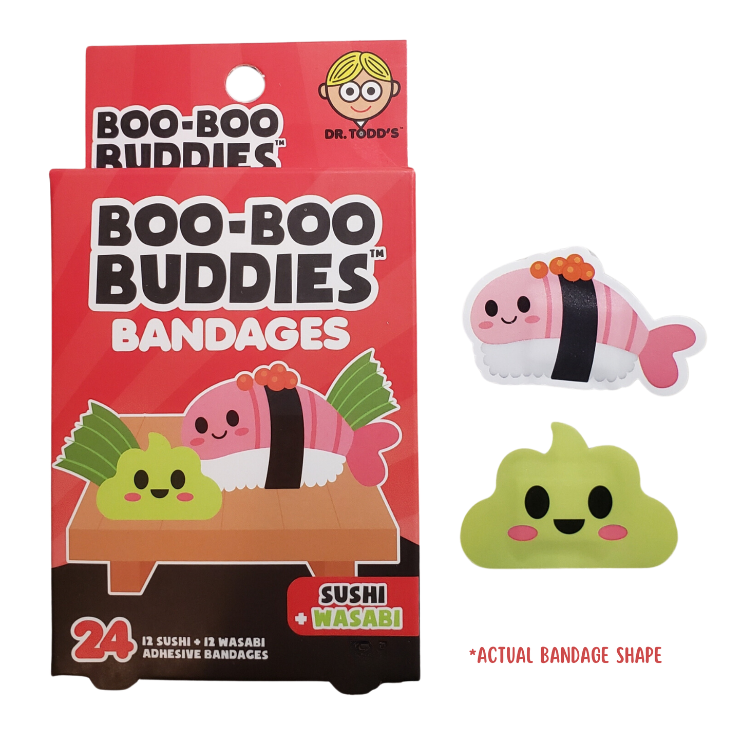 Red box of Boo-Boo Buddies Sushi & Wasabi Shape Bandages featuring fun sushi and wasabi shapes, with 24 adhesive bandages (12 sushi, 12 wasabi) displayed alongside the box