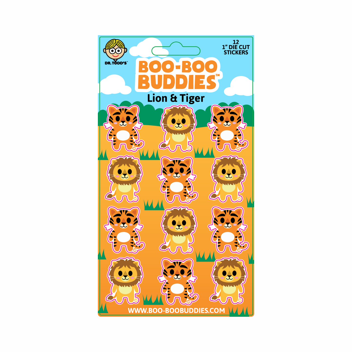 Bright orange Boo-Boo Buddies sticker sheet featuring 12 adorable lion and tiger die-cut stickers for kids, teens, and adults.