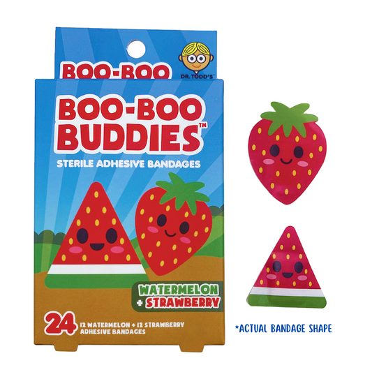 Boo-Boo Buddies™ box with 24 bandages: red strawberry and red-green watermelon shapes, both with smiling faces, on a bright blue background.