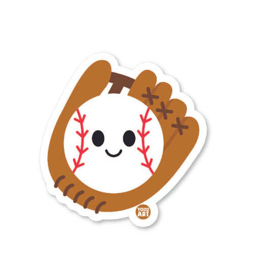 A die-cut vinyl sticker of a cute character with a baseball glove, designed to be applied on various surfaces like laptops or phone cases.