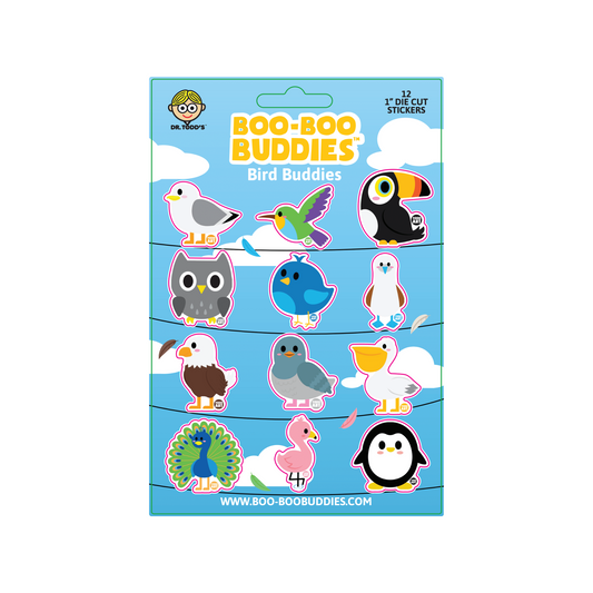 Boo-Boo Buddies® Bird Buddies Sticker Sheet with 12 adorable 1-inch bird stickers—includes penguin, peacock, toucan, seagull, owl, and more for kids’ crafts, gifts, and school supplies

