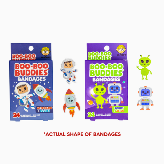 Fun Boo Boo Buddies bandages featuring astronaut, rocket, robot, and alien designs for kids' first aid (24 count).