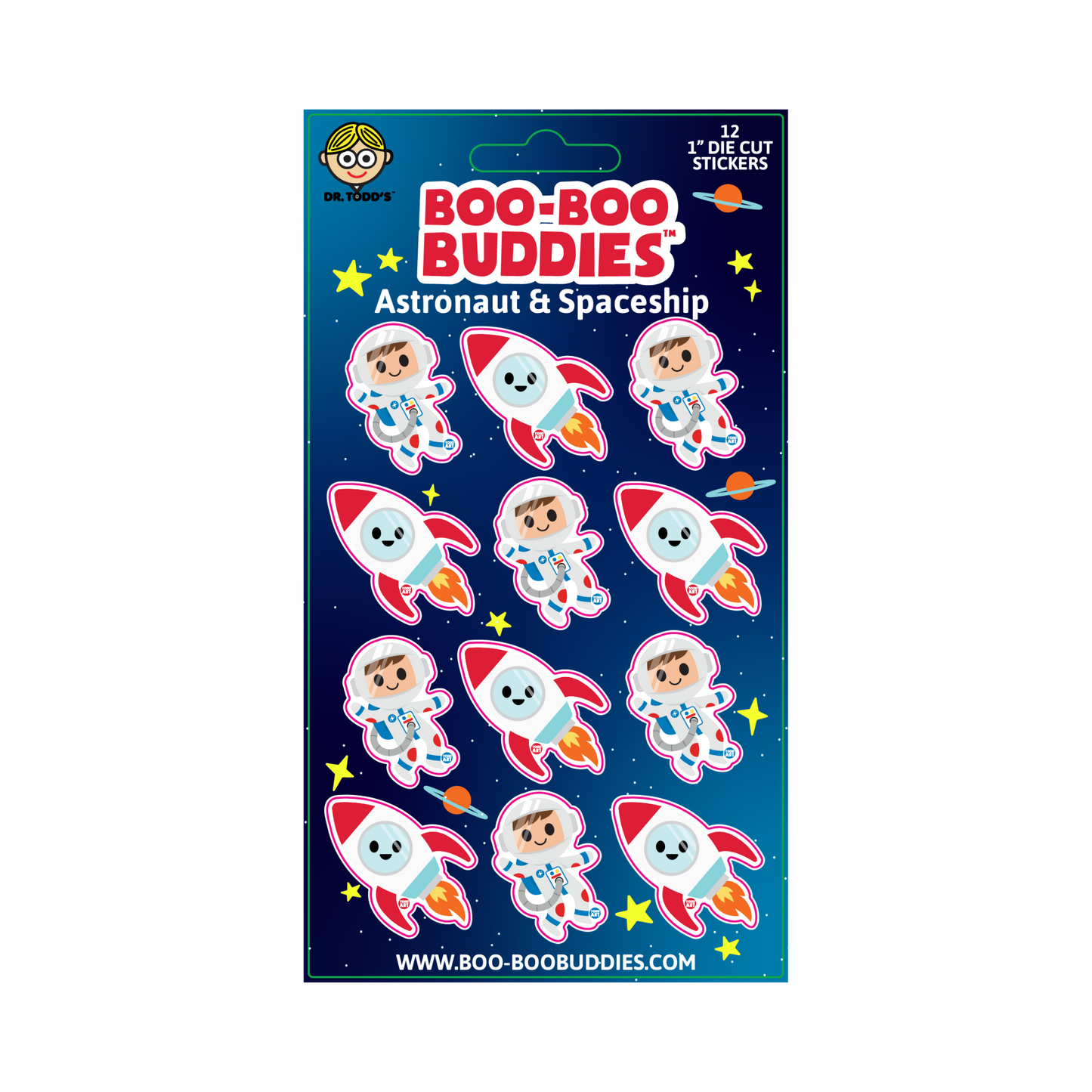 1-inch astronaut and rocket stickers on a collectible sticker sheet from Boo-Boo Buddies featuring 12 space-themed toy stickers for kids