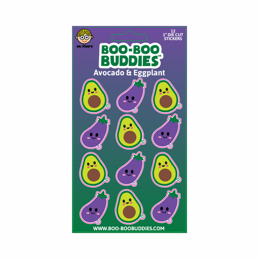 Boo Boo Buddies avocado and eggplant sticker sheet featuring 12 cute 1-inch die-cut kawaii vegetable stickers for kids.