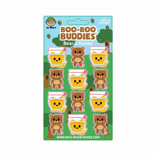 Cute 1-inch vinyl stickers with a fuzzy bear and honey pot—perfect for kids' crafts, water bottles, notebooks, and forest-themed fun.