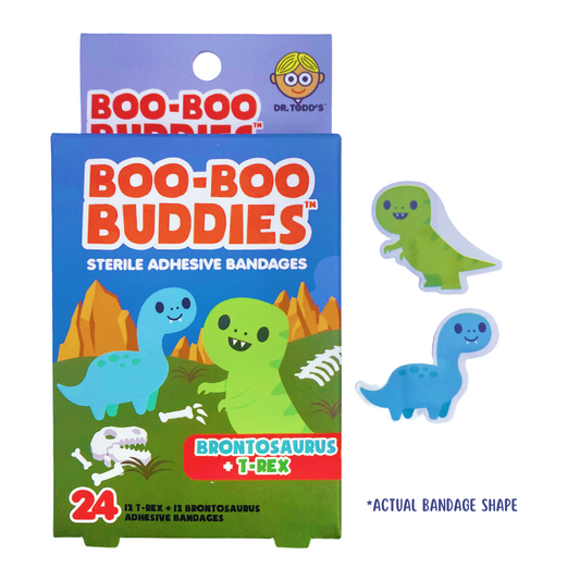 Brontosaurus and T-Rex shaped bandages for kids – 24 pack