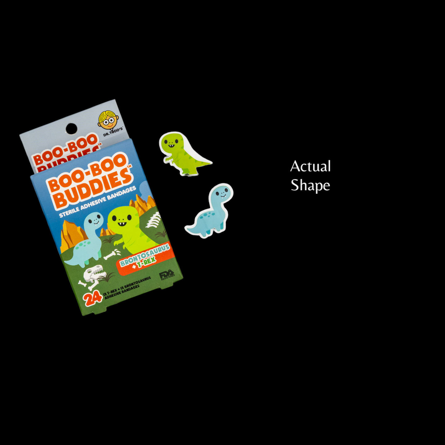 Boo Boo Buddies™ Brontosaurus & T-Rex Bandages – 24 Ct | Dinosaur Shaped, Waterproof, Latex-Free for Kids