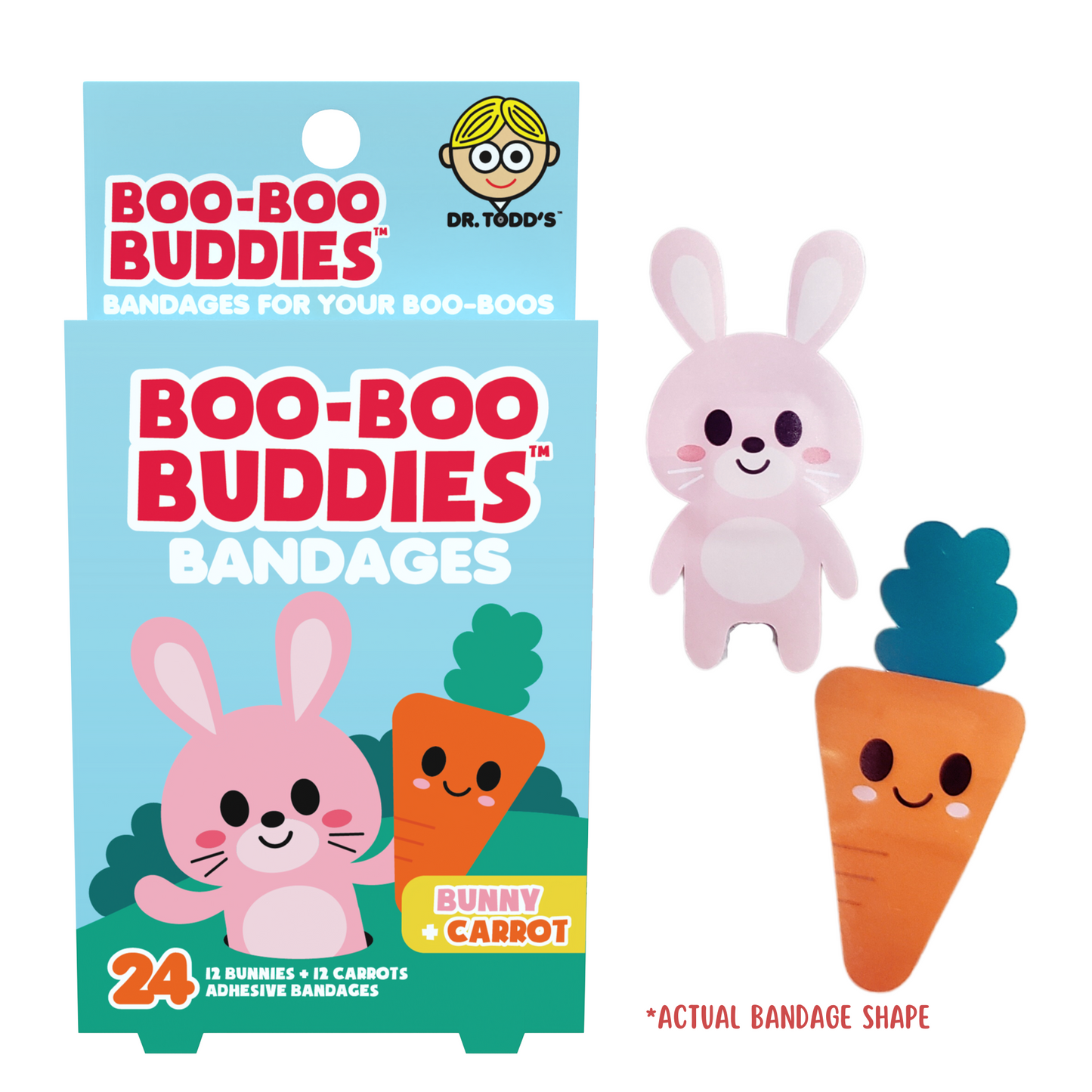 Bunny & Carrot Bandages for Kids – Waterproof, Latex-Free, 24 Count | Dr. Todd’s Boo-Boo Buddies®