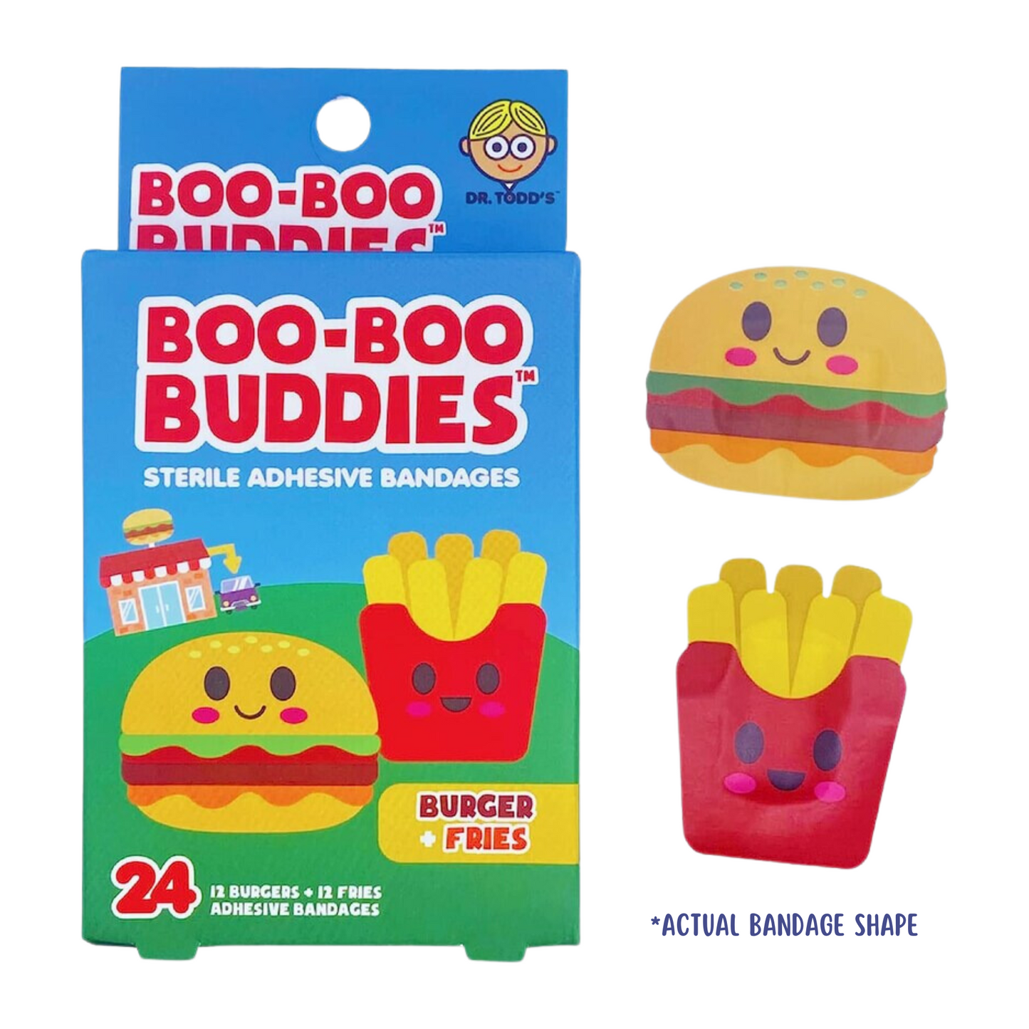 Boo Boo Buddies Burger and Fries bandages, fun food-themed adhesive bandages for kids, 24-count pack.