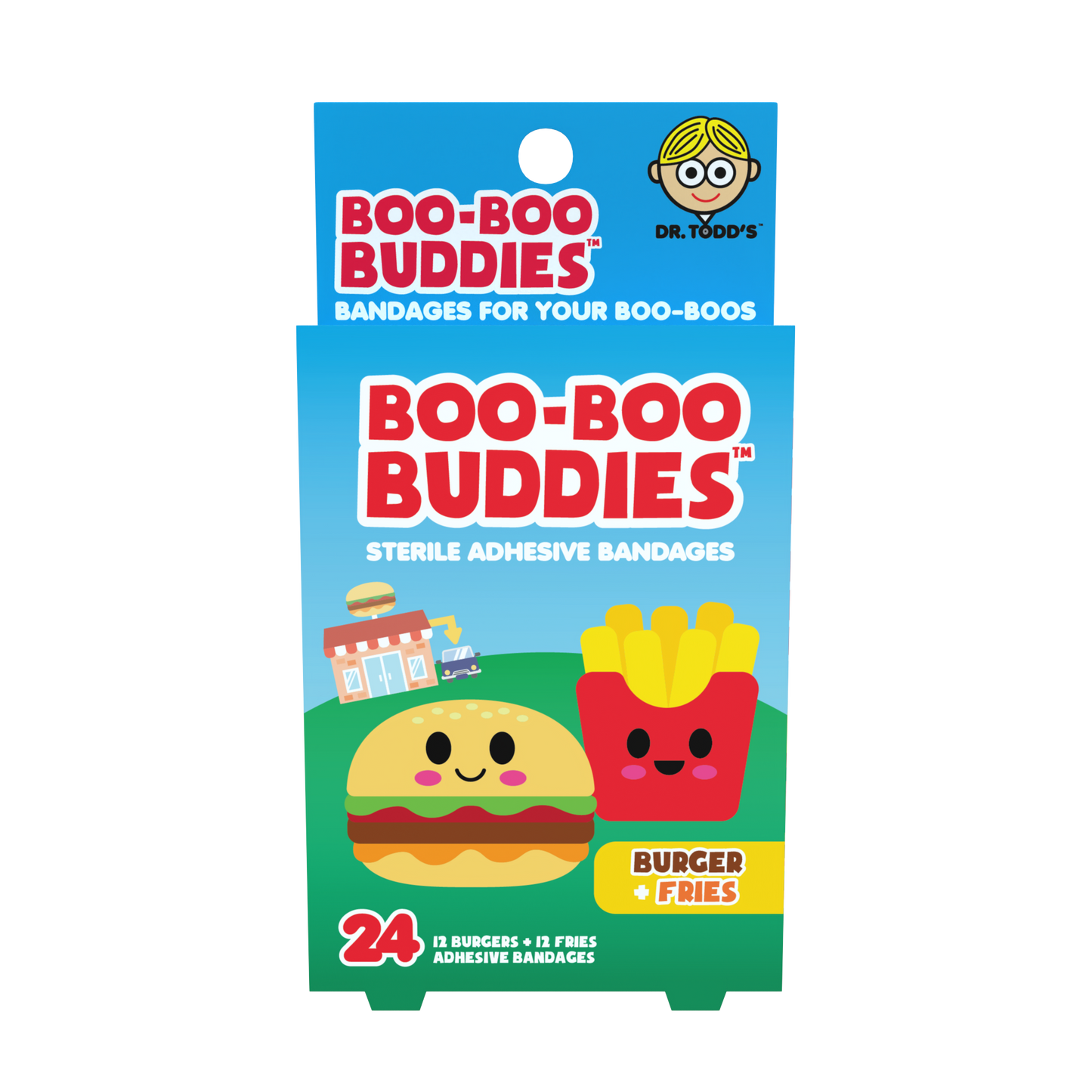 Burger & Fries Bandages for Kids – Waterproof, Latex-Free, 24 Count | Dr. Todd’s Boo-Boo Buddies®