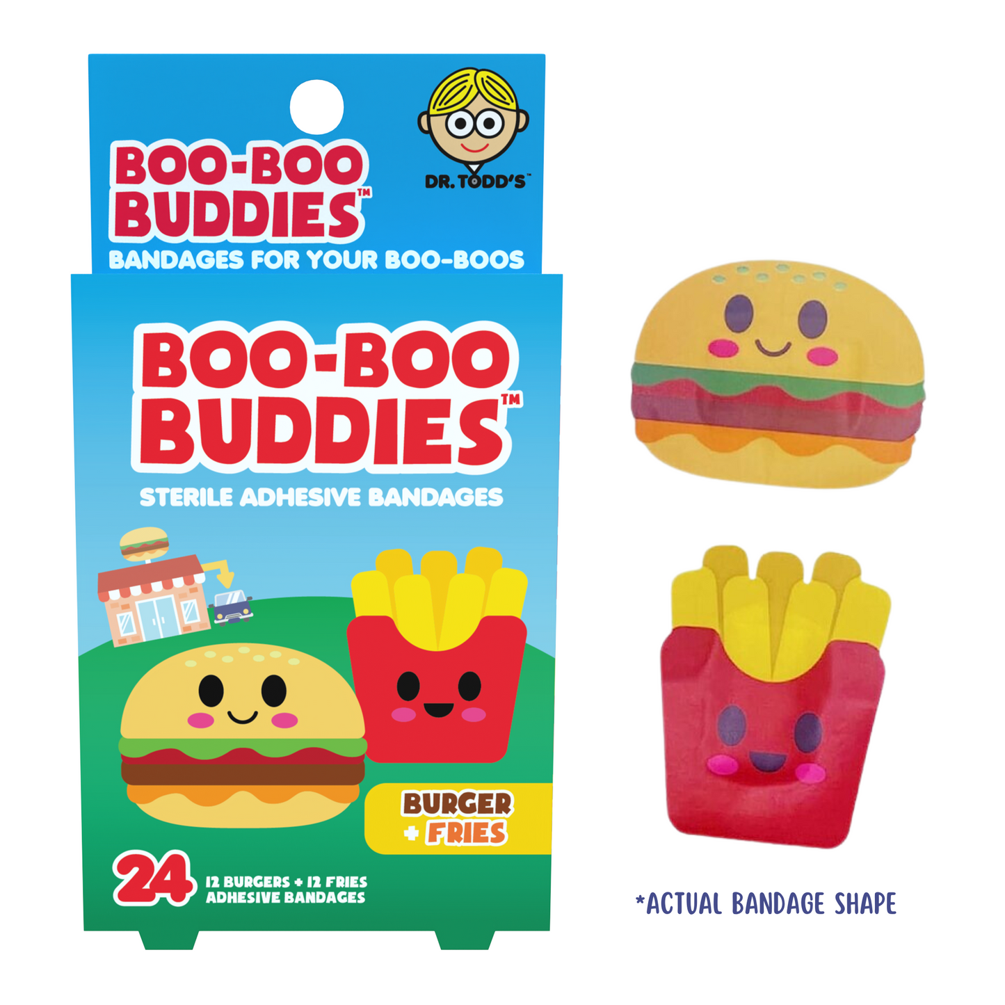 Burger & Fries Bandages for Kids – Waterproof, Latex-Free, 24 Count | Dr. Todd’s Boo-Boo Buddies®