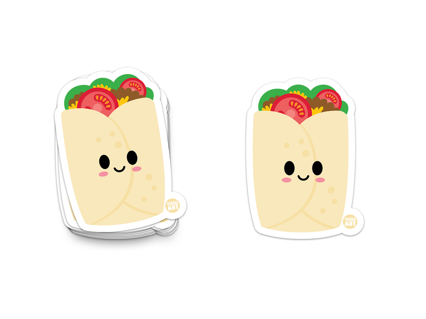 Burrito with happy face and colorful filling – taco tuesday food sticker from Boo Boo Buddies
