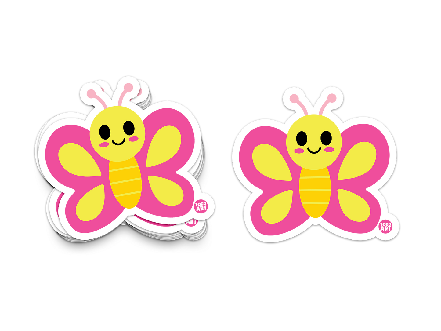 Yellow and pink butterfly with a smiling face – whimsical insect sticker from Boo Boo Buddies
