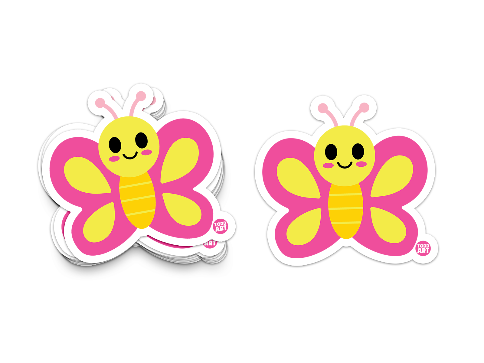Yellow and pink butterfly with a smiling face – whimsical insect sticker from Boo Boo Buddies
