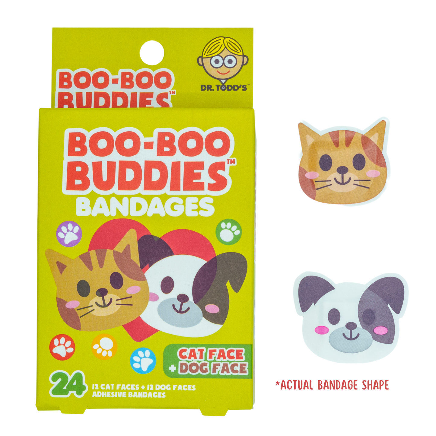 Boo Boo Buddies Cat Face and Dog Face boo boo bandages, fun animal-themed adhesive bandages for kids, 24-count pack.