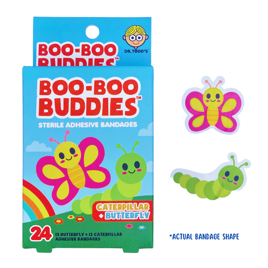 Boo Boo Buddies Caterpillar and Butterfly boo boo bandages, fun adhesive bandages for kids, 24-count pack