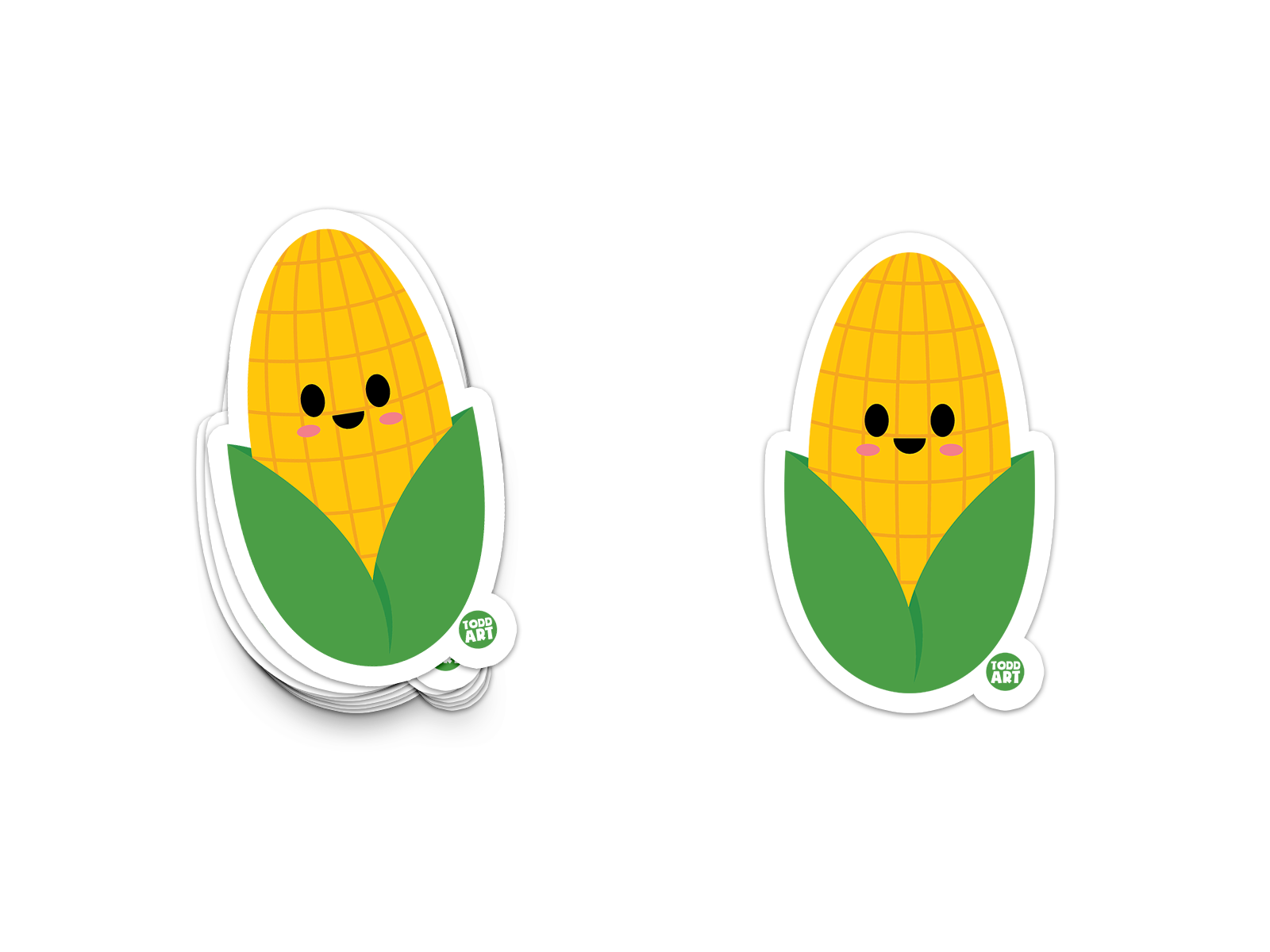Cute smiling corn cob sticker with green husks and a cheerful face

