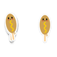 Happy corn dog on a stick with mustard squiggle and smiling face
