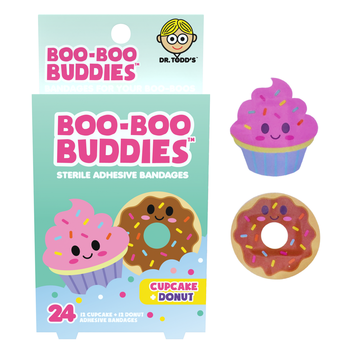 Boo Boo Buddies™ Cupcake & Donut Bandages – 24 Ct | Fun Shaped, Waterproof, Latex-Free Bandages for Kids