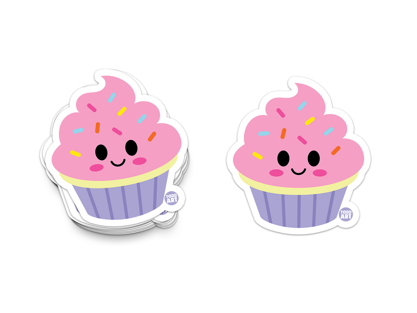 Smiling cupcake sticker with pink frosting and rainbow sprinkles