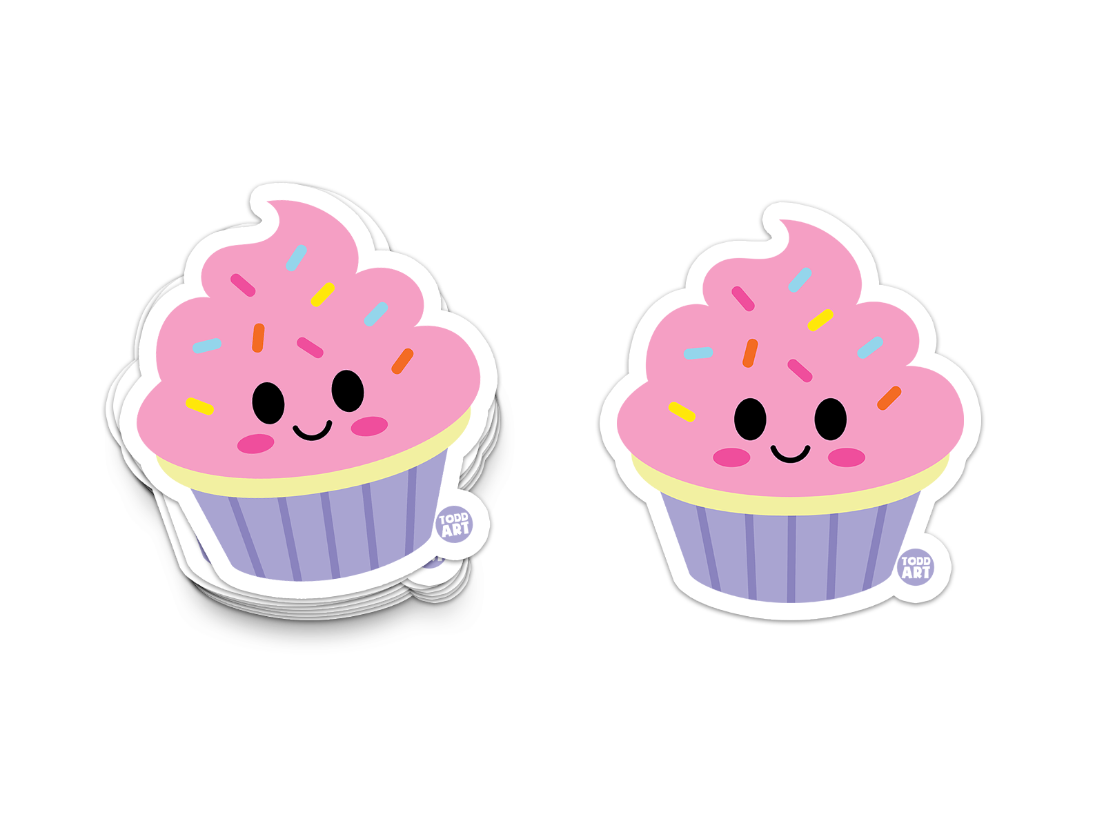 Smiling cupcake sticker with pink frosting and rainbow sprinkles