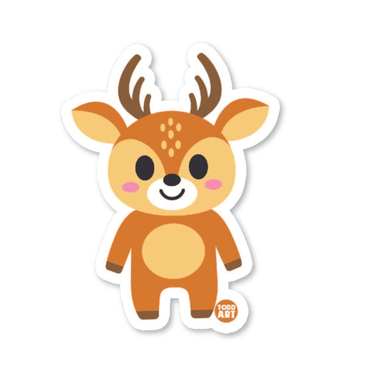 Smiling cartoon deer sticker with antlers and pink cheeks