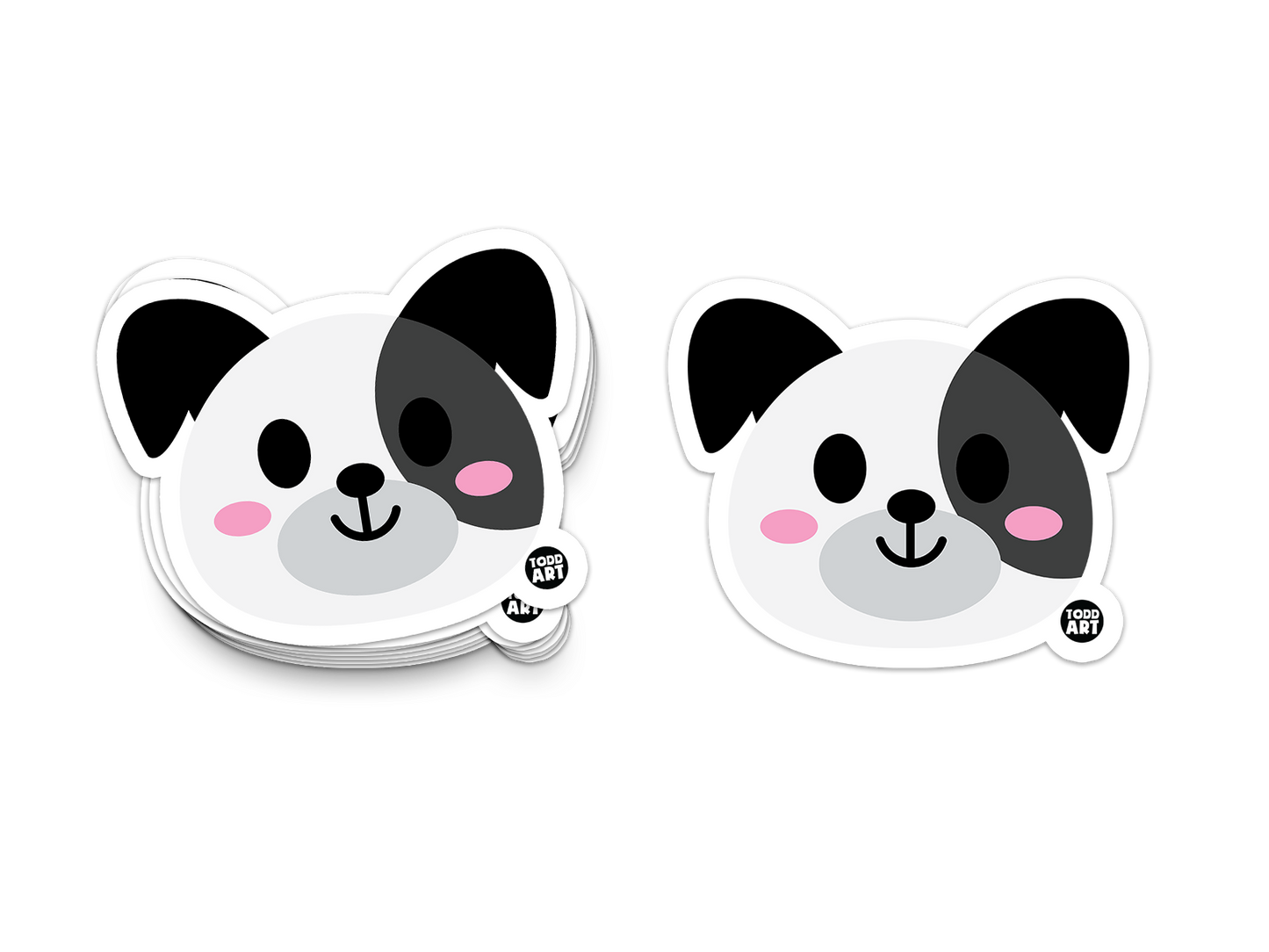 Cute cartoon dog face sticker with one black ear and a dark patch over one eye
