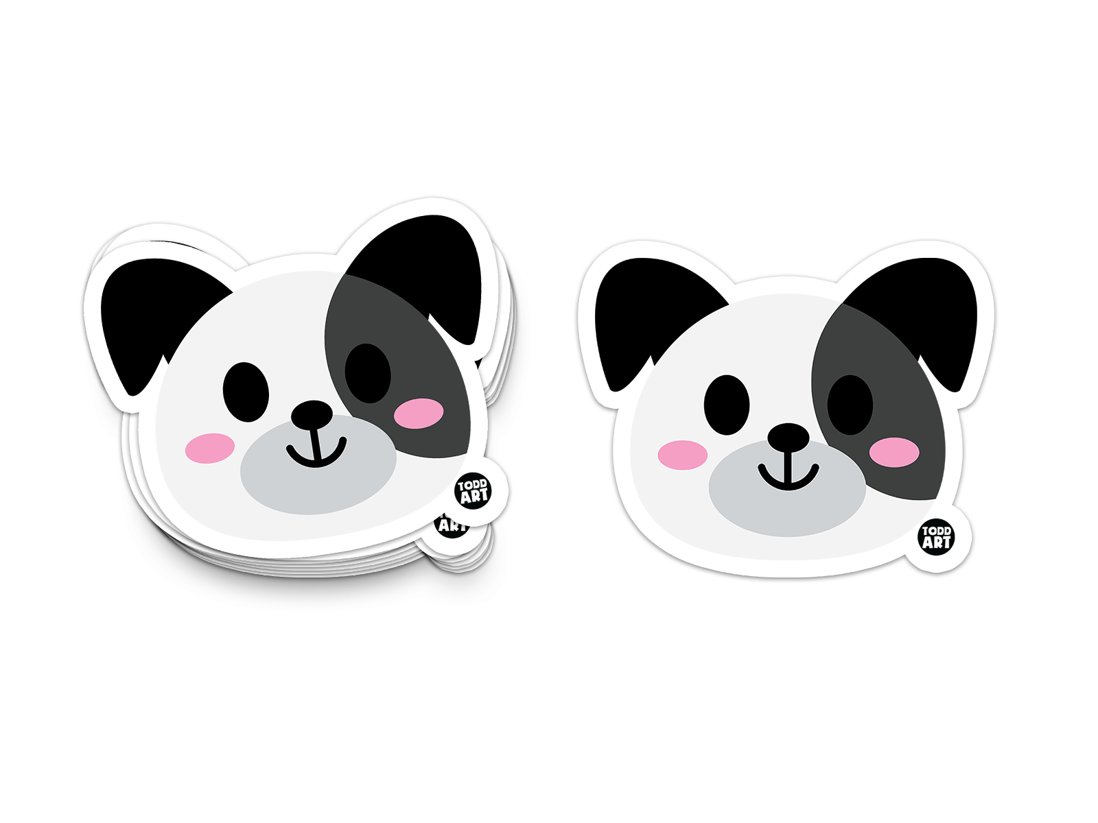 Cute cartoon dog face sticker with one black ear and a dark patch over one eye
